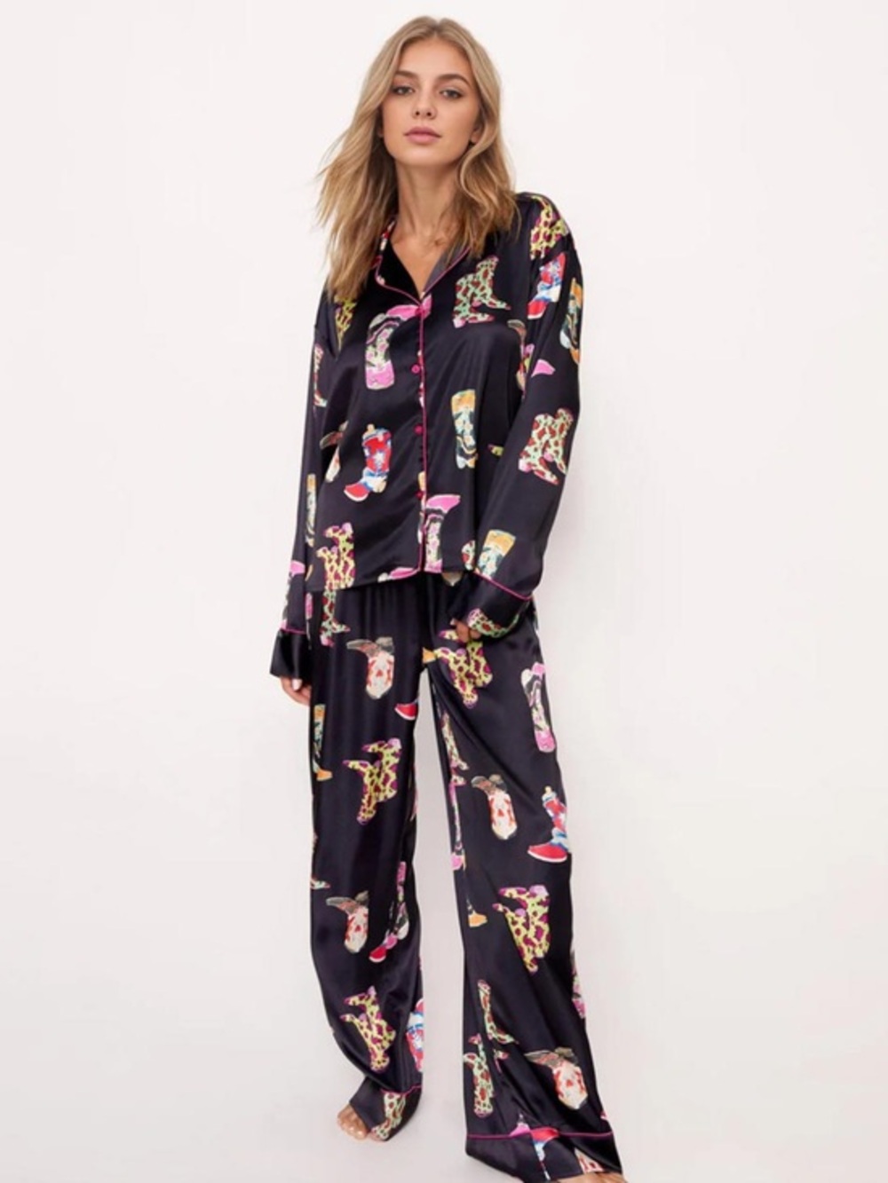 NWT Sheshow Black Satin Western Cowgirl Style Pajama Set